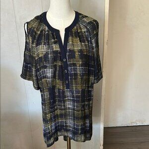 Fred David Navy and Olive Checkered Blouse